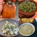 Eine Collage von vier verschiedenen Bildern zu Dips, Pesto, Brotaufstrich, Chutney