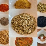 Eine Collage verschiedener gemahlener Gewürze, in der Mitte sieht man ungemahlenen Kreuzkümmel (Cumin) von LeckerGeWirtz