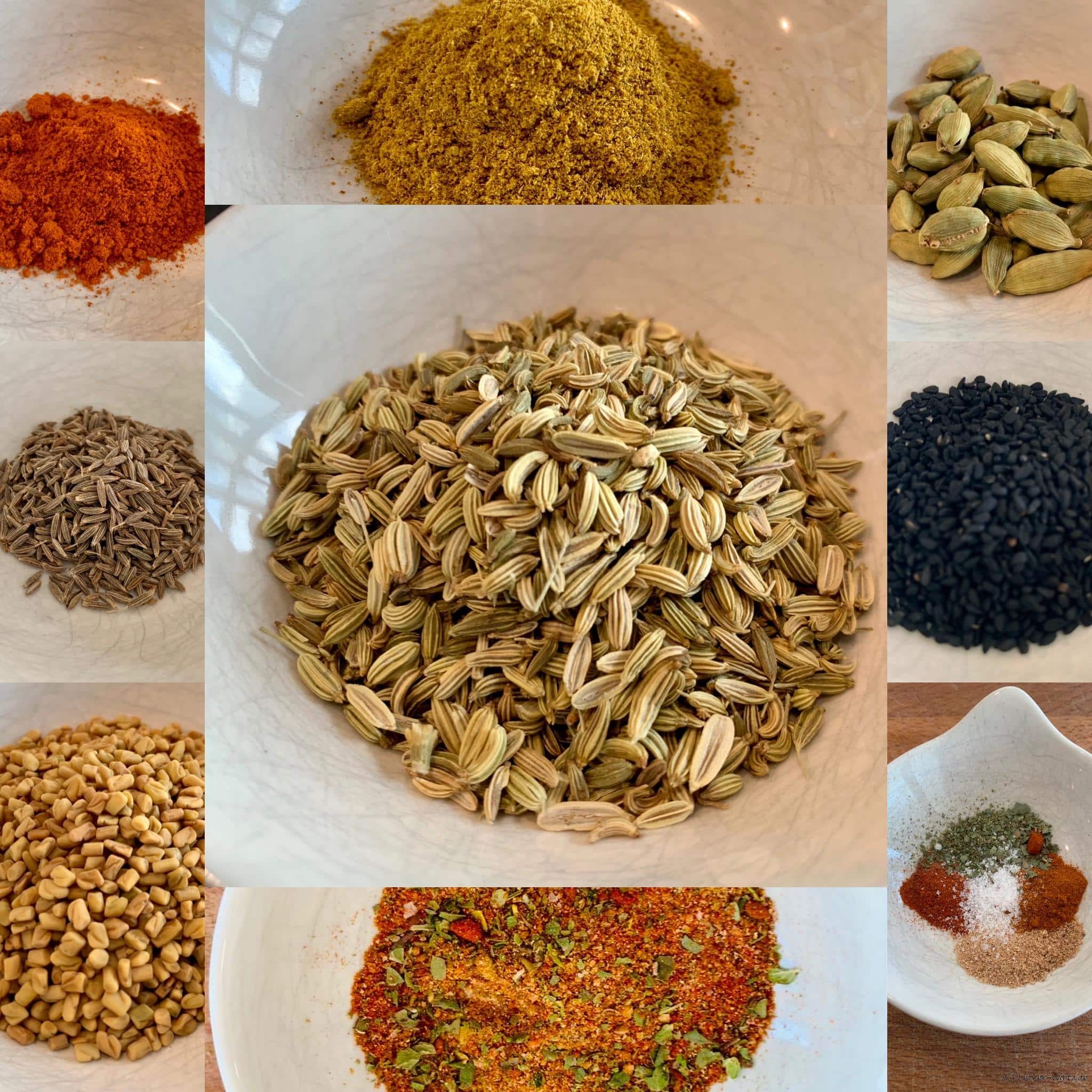 Eine Collage verschiedener gemahlener Gewürze, in der Mitte sieht man ungemahlenen Kreuzkümmel (Cumin) von LeckerGeWirtz