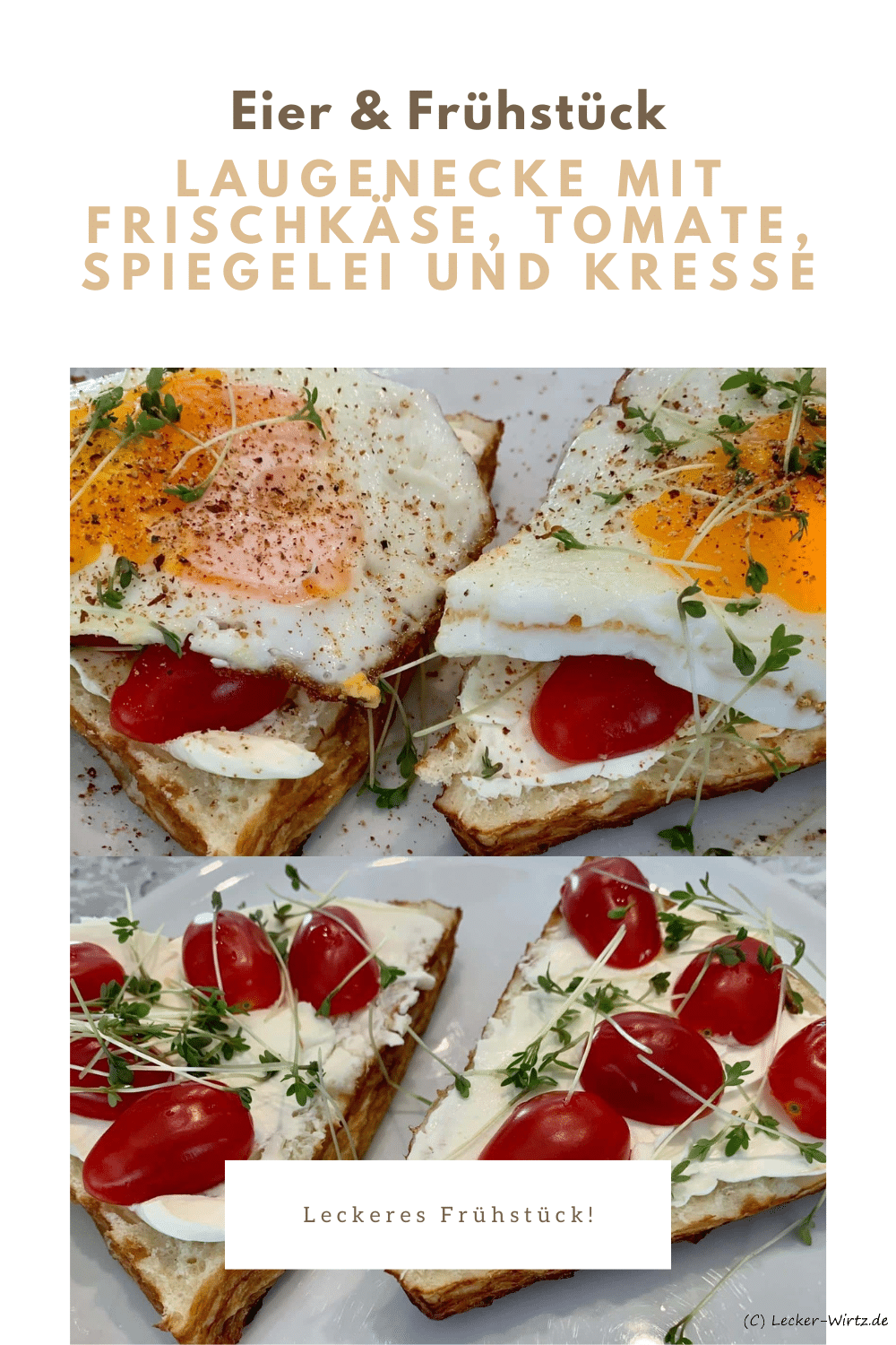 Laugenecke mit Frischkäse, Tomate, Spiegelei und Kresse