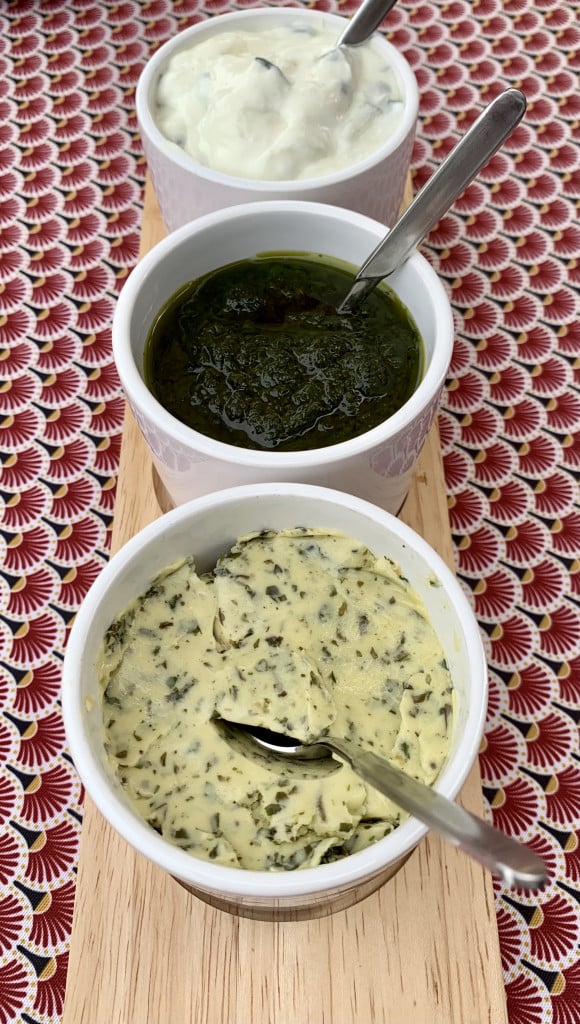 Dip Trilogie - Kräuterbutter, Pesto, Tzatziki - Serviervorschlag