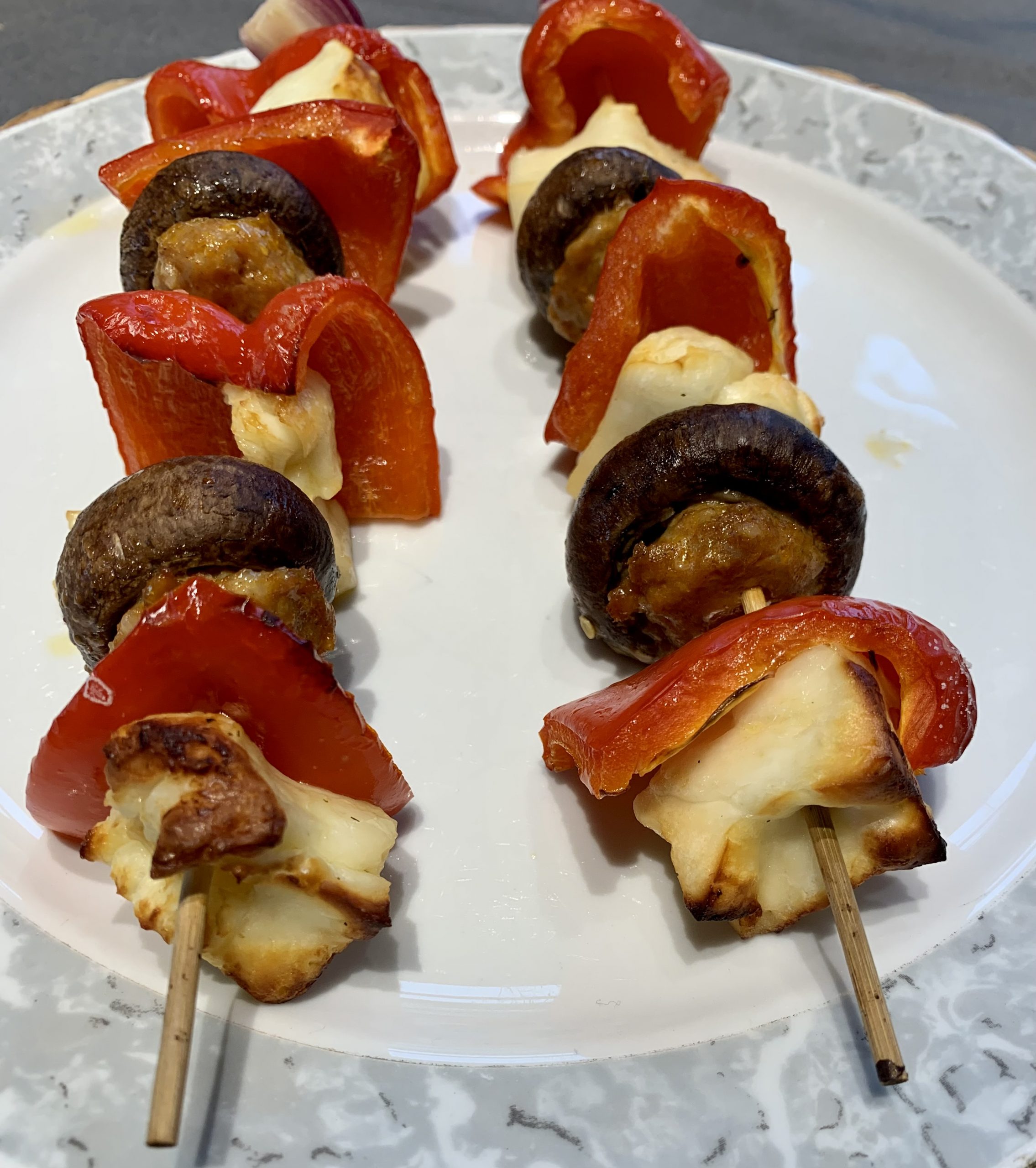 Mediterranean halloumi mushroom pepper skewers