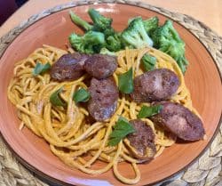 Spaghetti a la biber-salcasi cream sauce with salsiccia and broccoli