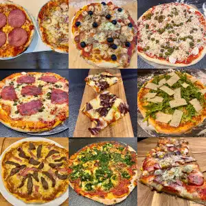 Eine Collage von neun verschiedenen Pizzen. Auf der Seite werden sie einzelnen Pizza Rezepte verlinkt.