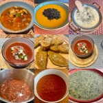 Eine Collage von neun Bildern, acht unterschiedliche Suppen und in der Mitte geröstete Brotscheiben für den Artikel Suppen und Eintöpfe mit viele Rezepten.