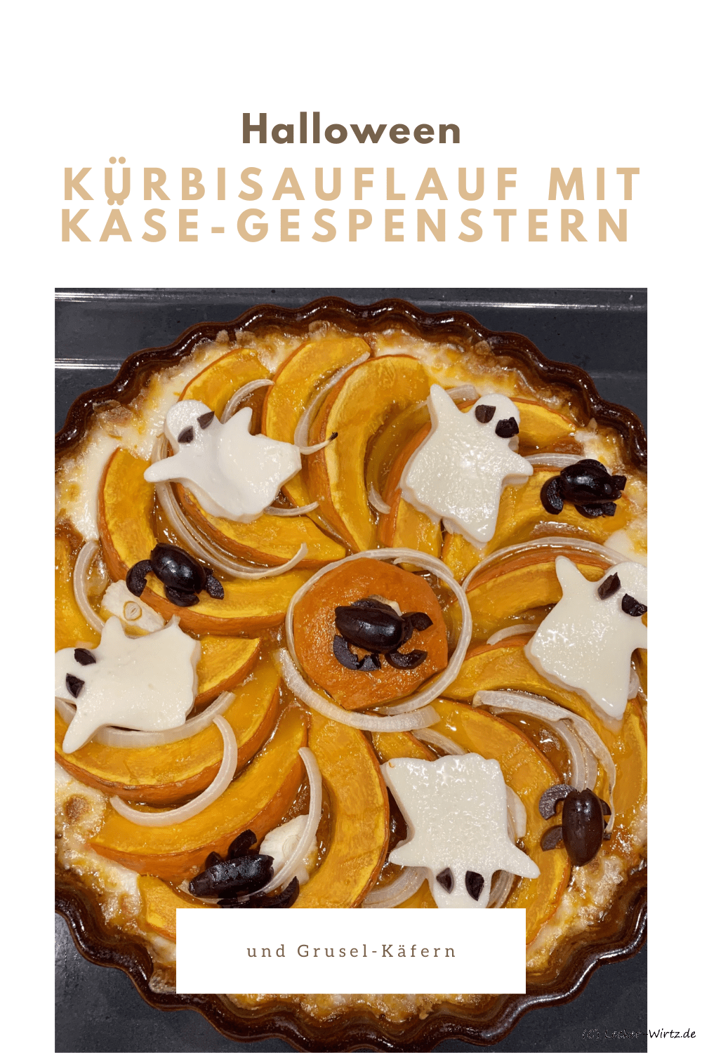Halloween Kürbisauflauf mit Käse-Gespenstern und Grusel-Käfern