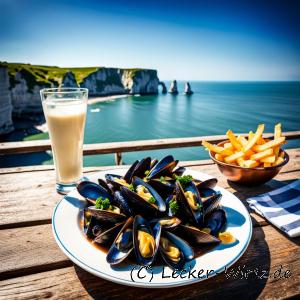 Auf einem Holztisch mit Blick auf die Felsen von Etretat stehen ein Teller Muscheln, eine Schüssel Pommes Frites und ein Glas mit Sauce Camembert
