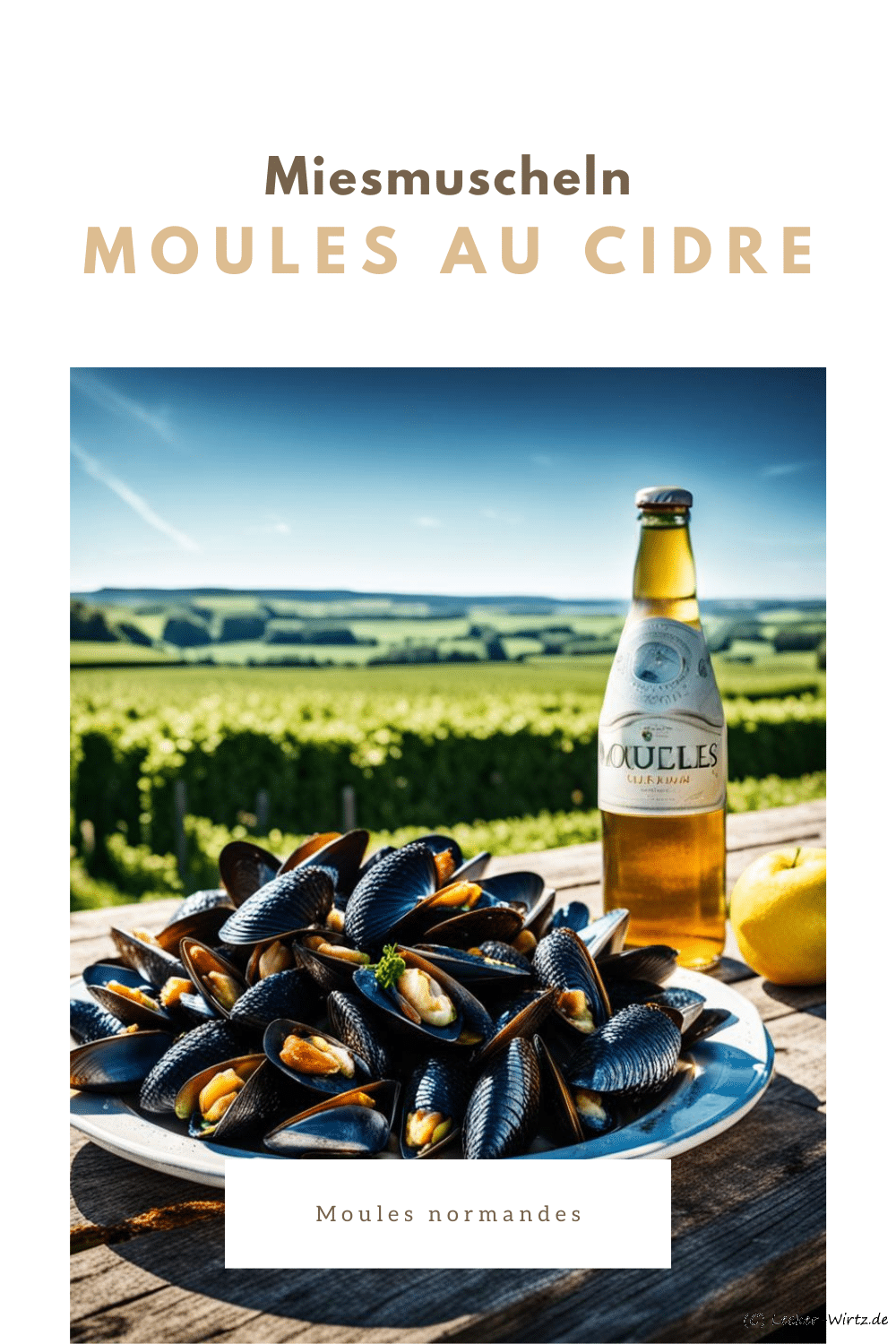 Moules normandes au cidre – Miesmuscheln aus der Normandie mit Cidre auf einem Holztisch in der Normandie mit Blick auf grüne Wiesen und sonnig-blauen Himmel. Auf dem Tisch steht eine Flasche Cidre und ein Apfel.