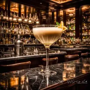 Ein Cocktail, Alexander, in einer Bar auf der leicht verspiegelten Theke. In einem Cocktailglas befindet sich eine milchbraune Flüssigkeit. Der Hintergrund ist leicht unscharf.