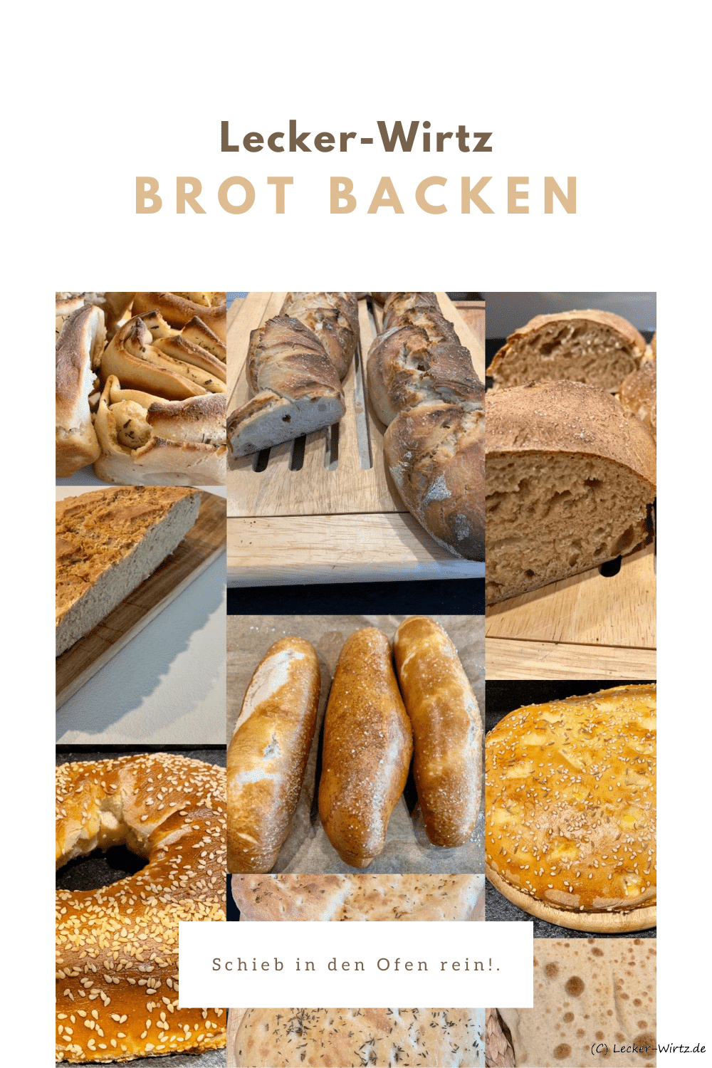 Eine Collage von neun unterschiedlichen Broten, Fladenbrot, Simmet, Focaccia, Baguette, Faltenbrot und ein Landbrot