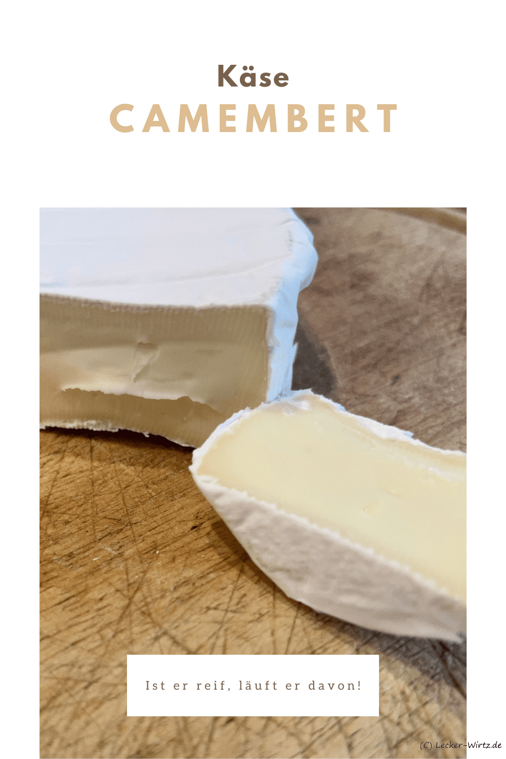 Ein aufgeschnittener Camembert (französischer Weichkäse aus der Stadt Camembert in der Normandie) auf einem Holzbrett.