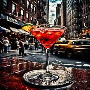Cosmopolitan im Cocktail Glas mitten in Manhattan auf einem Tisch am Straßenrand. Der Cocktail aus Sex and the City.
