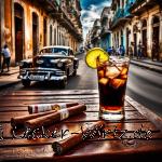 Ein Cuba Libre und ein paar Zigarren auf einem Holztisch mit Blick auf eine Straße in Havana, im Hintergrund ein altes für Kuban typisches Auto.