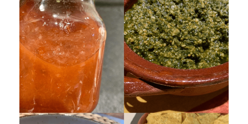 Eine Collage von vier verschiedenen Bildern zu Dips, Pesto, Brotaufstrich, Chutney
