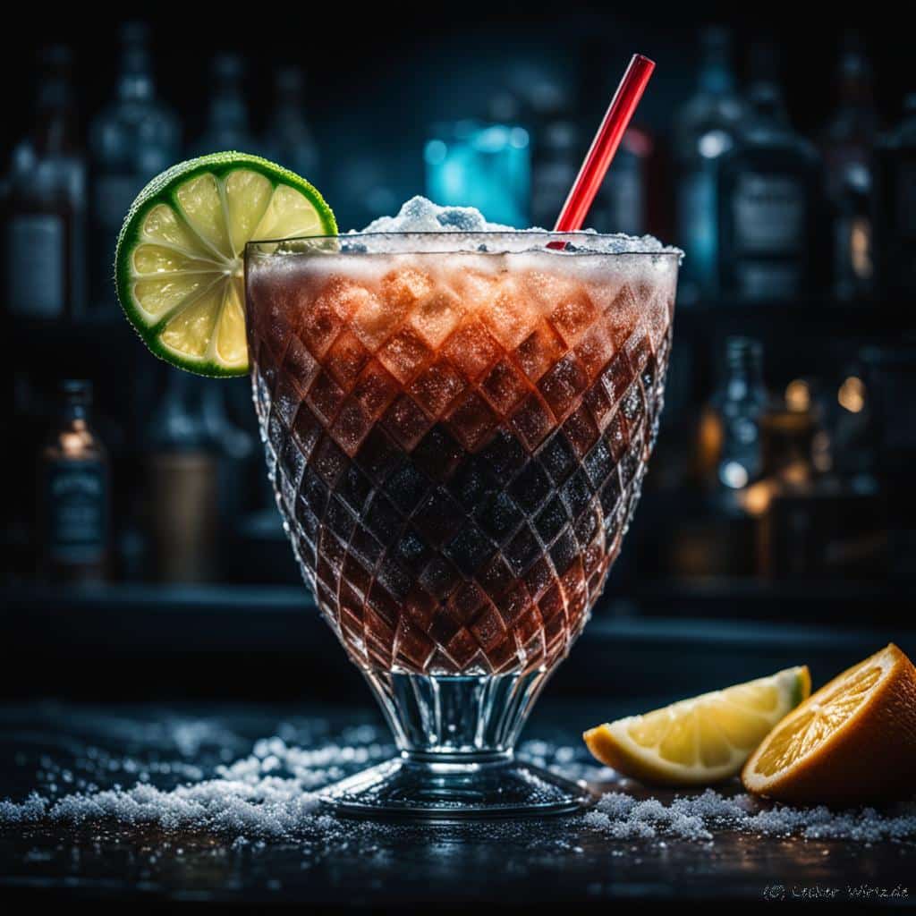 Ein Frozen Daiquiri in einem großen Glas mit viel Eis, Strohhalm und Zitronenscheibe.