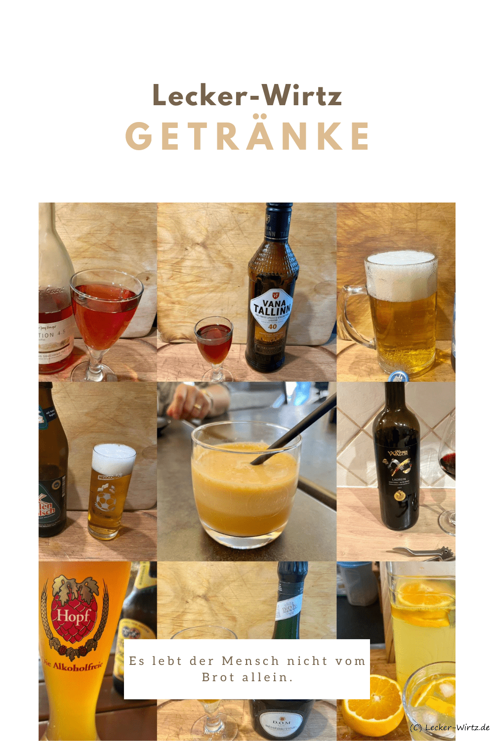 Eine Collage mit neun verschiednenen Bildern zu unterschiedlichen Getränken.