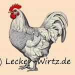 Das Bild zeigt eine Skizze eines Hahns. Im Artikel wird das Hühnerfleisch und die Verwendung näher beschrieben. Mit Rezepten.