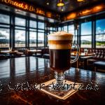 Ein Irish Coffee in einem Pub auf einem Tisch mit Blick nach außen. Dort ist schönes Wetter und blauer Himmel.