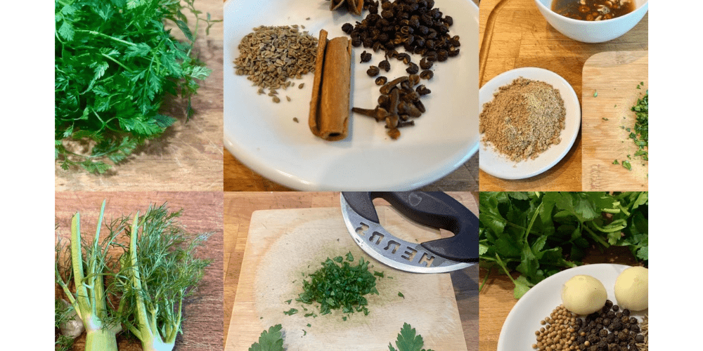 Eine Collage von neun Bildern, die unterschiedliche Kräuter, Gewürze und Gewürzmischungen zeigen. In der Mitte ein Wiegemesser zum Kräuter hacken.