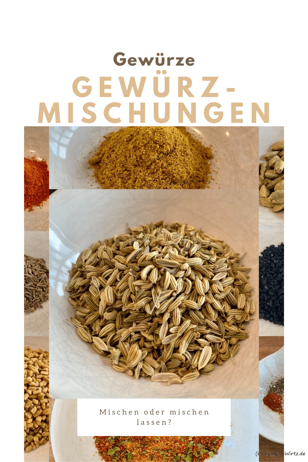 Eine Collage verschiedener gemahlener Gewürze, in der Mitte sieht man ungemahlenen Kreuzkümmel (Cumin) von LeckerGeWirtz