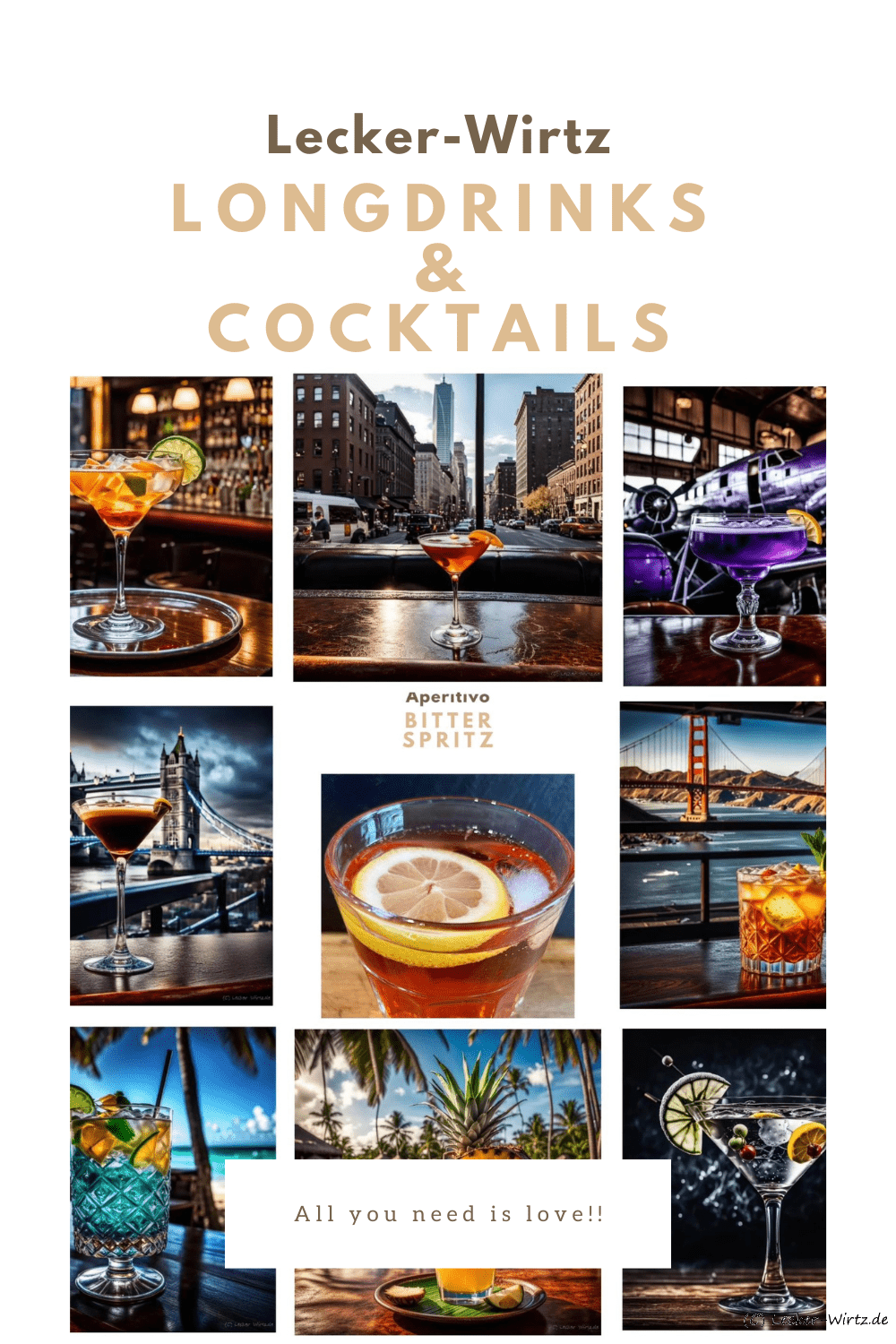 Eine Collage von neun verschiedenen Cocktails