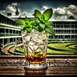 Ein Mint Julep auf einem Tisch mit Blick auf eine Pferderennbahn.