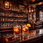 Zwei Old Fashioned auf einer Holztheke in einer alten Bar. Im Hintergrund ein Bar Regal mit viele unterschiedlichen Flaschen, ein paar Bildern mit Holzrahmen an der Wand und rechts angedeutet ein Butzenfenster.