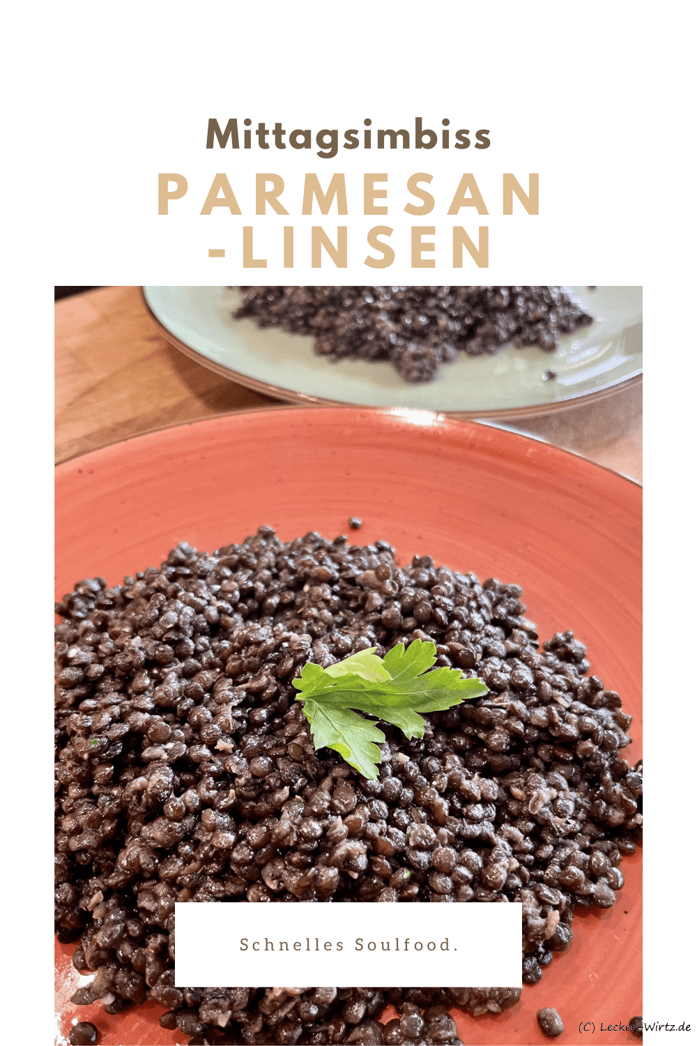 Ein pastell-grüner Teller mit gekochten, schwarzen, Beluga Linsen und einem Blatt Petersilie