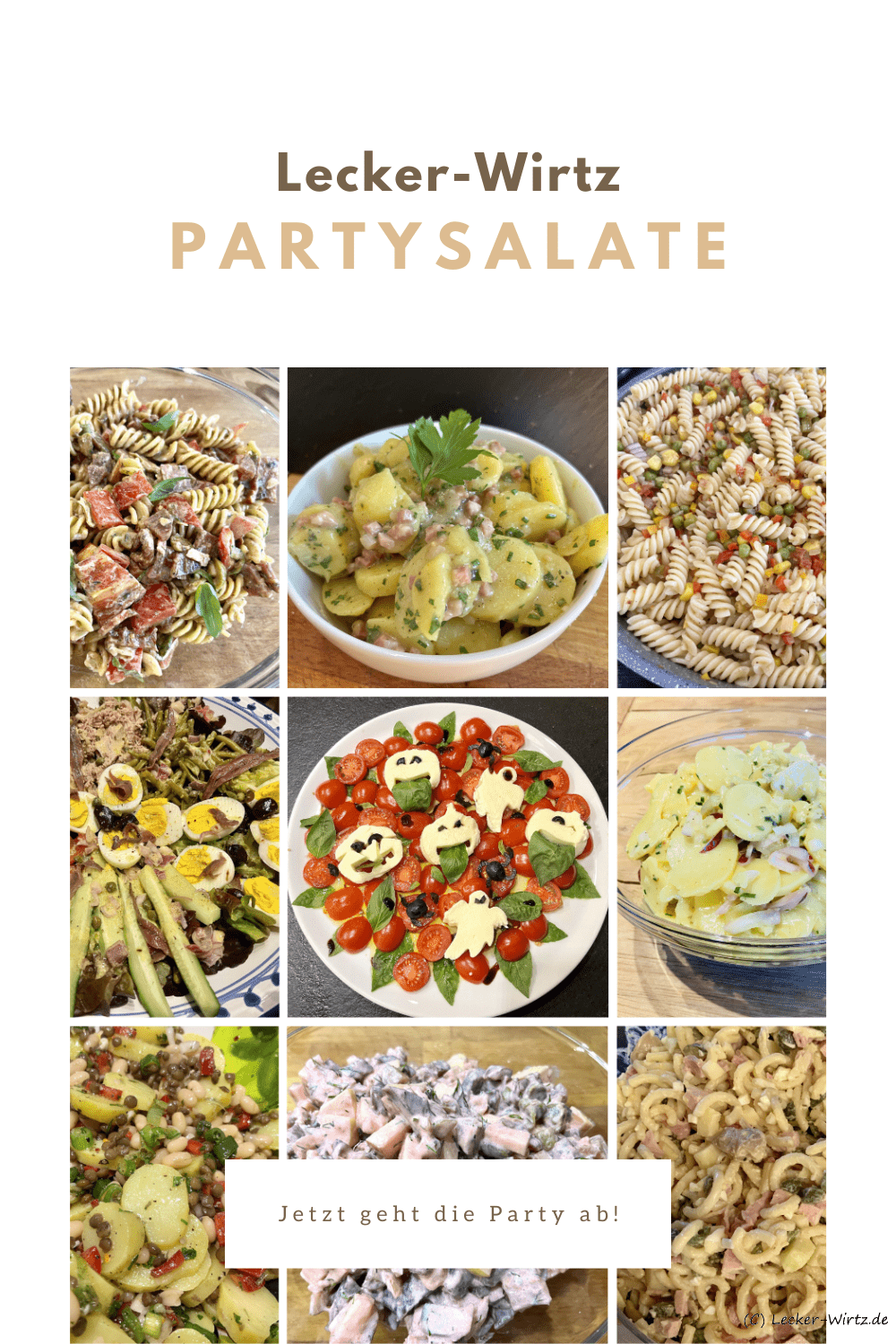 Ein Collage verschiedener Partysalate, Kartoffelsalat, Nudelsalat, Schichtsalat, Heringssalat und ein Halloween Caprese.