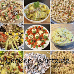 Ein Collage verschiedener Partysalate, Kartoffelsalat, Nudelsalat, Schichtsalat, Heringssalat und ein Halloween Caprese.
