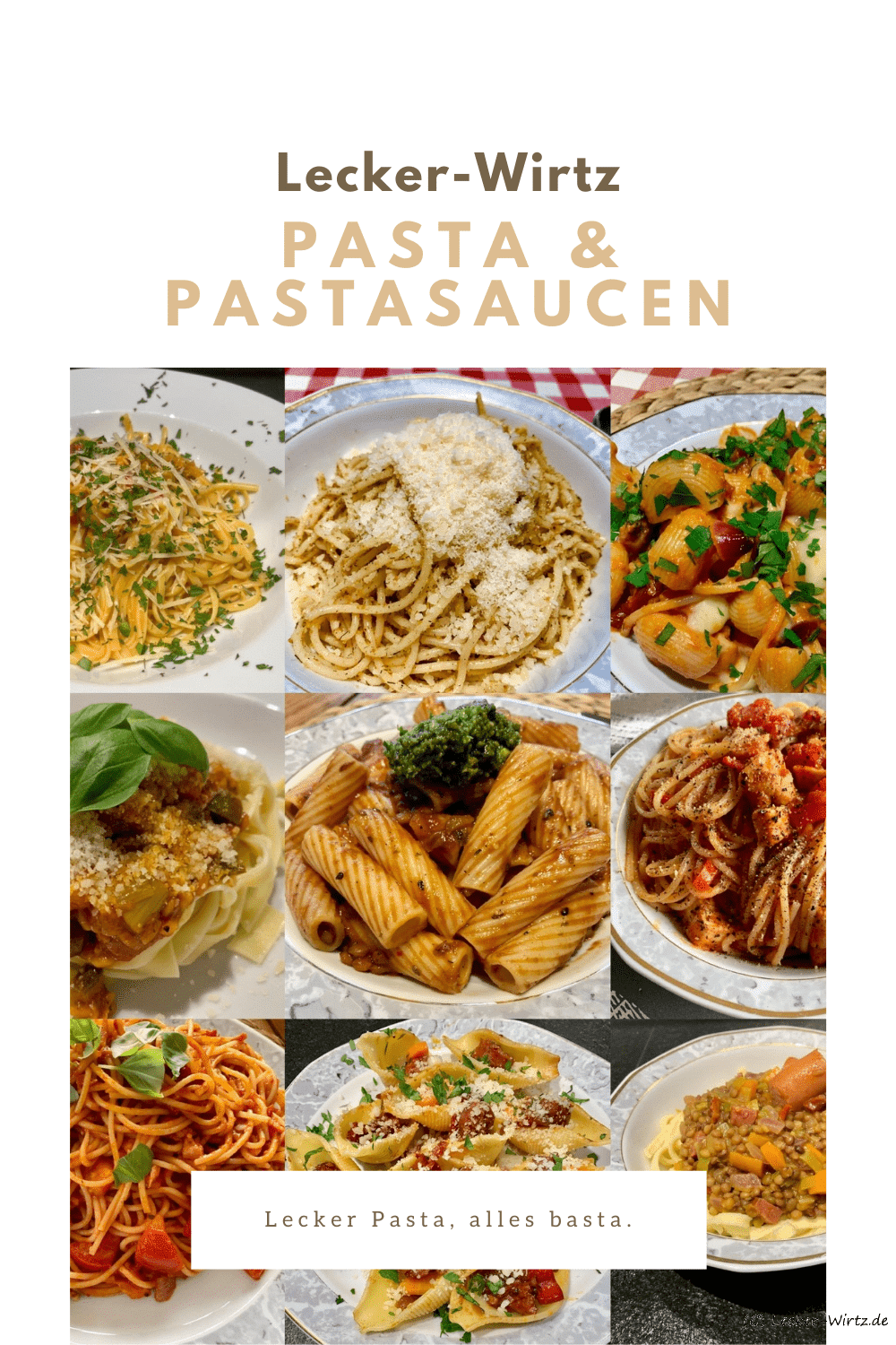 Eine Collage von neun Pastagerichten mit unterschiedlichen Nudeln und unterschiedlichen Pastasaucen.