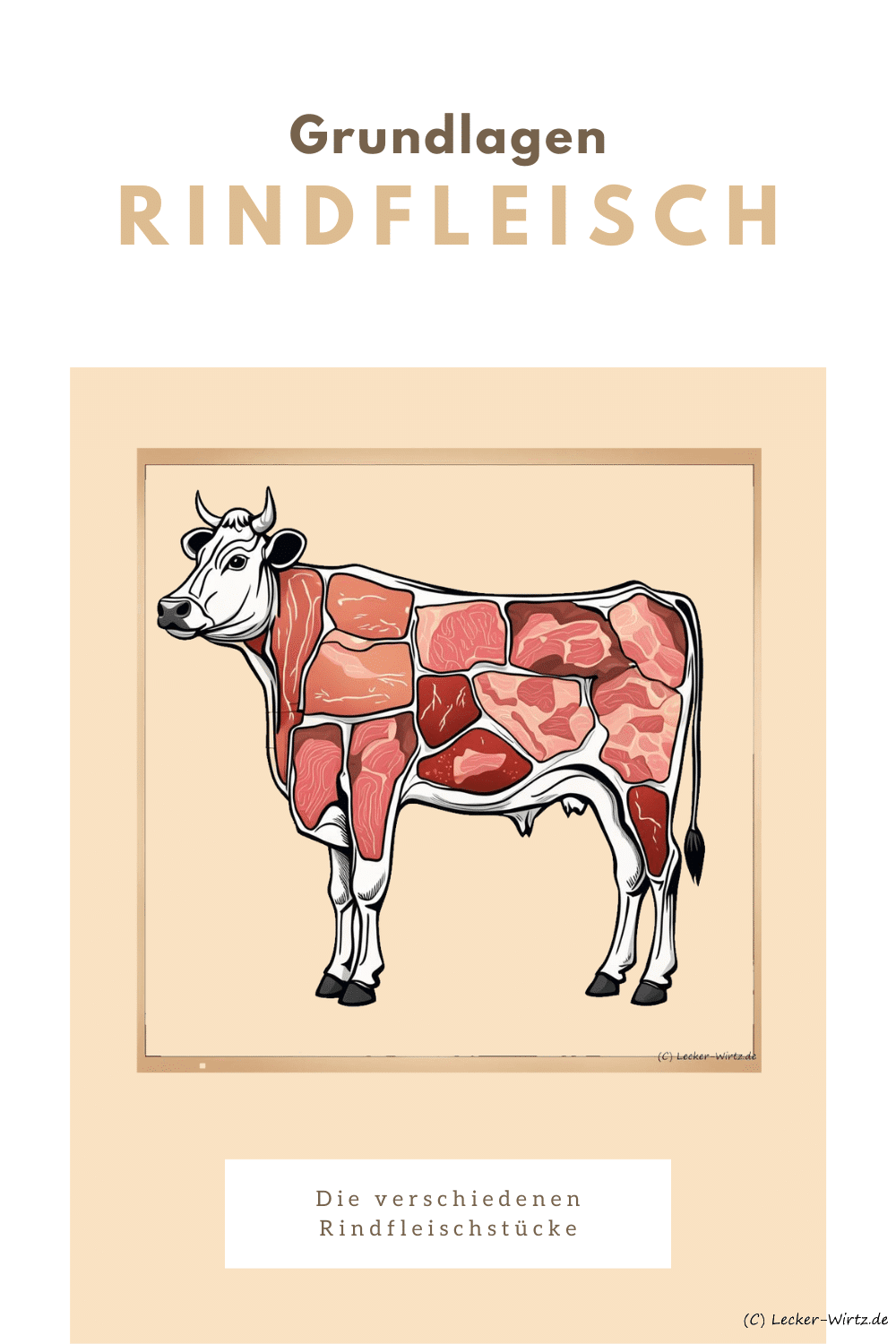 Das Bild zeigt ein angedeutetes Diagramm eines Rinds und den verschiedenen Rindfleisch stücken, die im Artikel näher beschrieben werden.