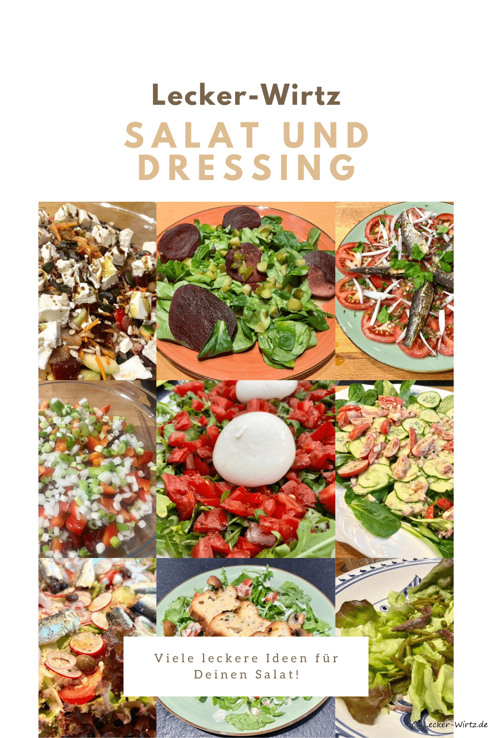 Eine Collage von neun verschiedenen Salaten. Die Rezepte dazu und noch vielen weiteren Salaten gibt es auf der Seite.