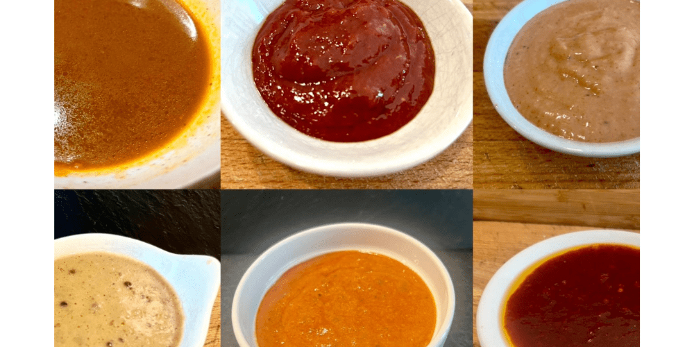 Neun verschiedene Saucen in kleinen Schüssel als Collage.