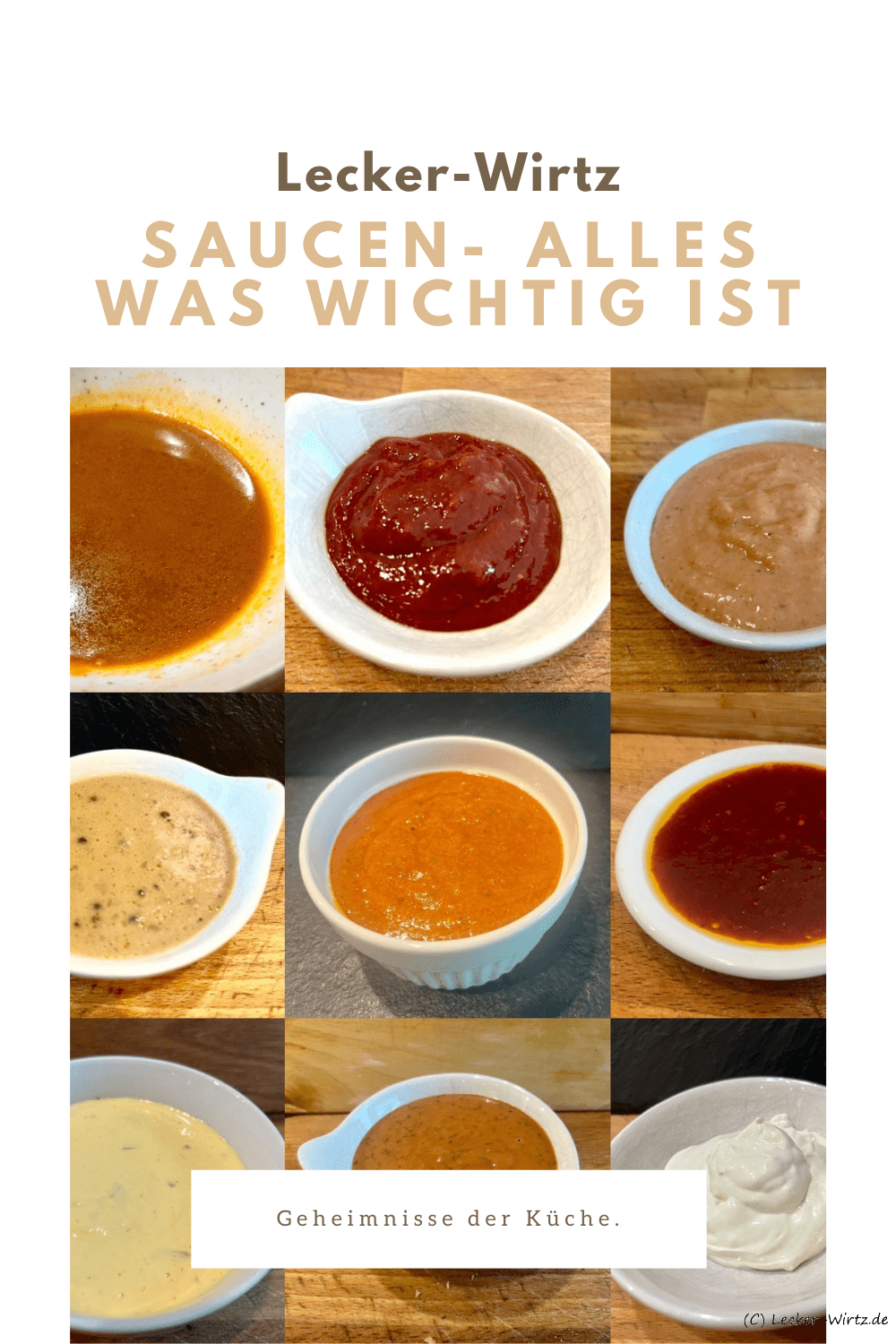 Neun verschiedene Saucen in kleinen Schüssel als Collage.