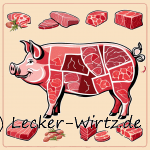 Das Bild zeigt ein angedeutetes Diagramm eines Schweins und den verschiedenen Schweinefleisch stücken, die im Artikel näher beschrieben werden.