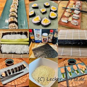 Eine Collage von neun Bildern mit Zutaten für Sushi sowie verschiedenen Maki und Nigiri Sushi.