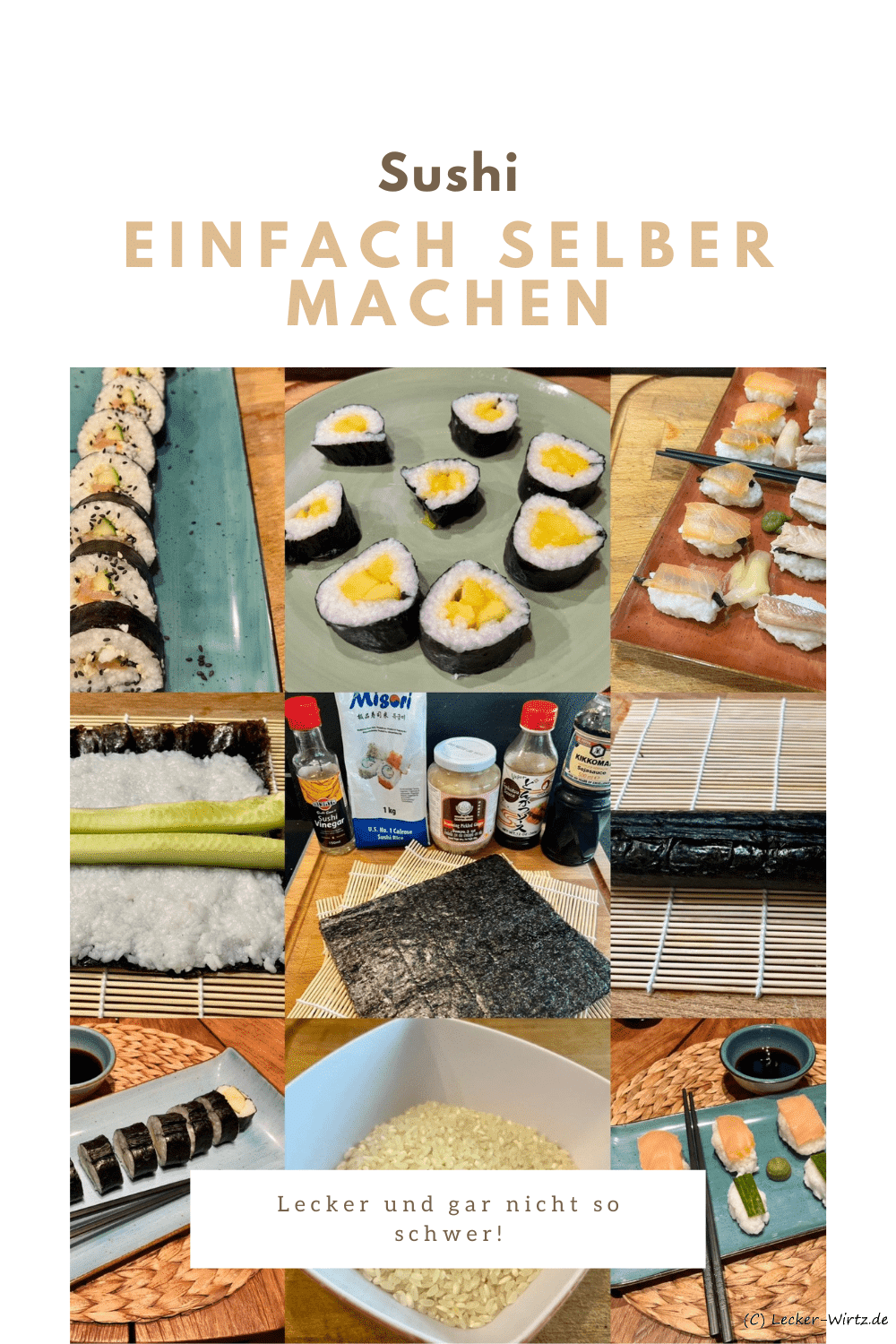 Eine Collage von neun Bildern mit Zutaten für Sushi sowie verschiedenen Maki und Nigiri Sushi.