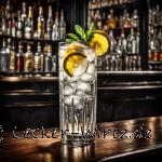 Ein Glas mit Eiswürfeln, Zitronenscheiben und eine glasklaren Flüssigkeit auf einer Theke in einer schummrigen Bar.