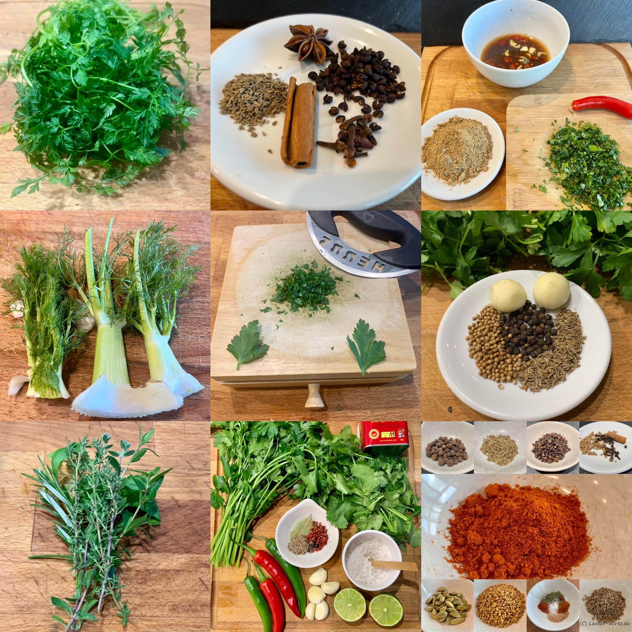 Eine Collage von neun Bildern, die unterschiedliche Kräuter, Gewürze und Gewürzmischungen zeigen. In der Mitte ein Wiegemesser zum Kräuter hacken.