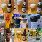 Das Bild ist eine Collage von 9 anderen Bildern auf denen verschiedene deutsche Biersorten zu sehen sind. von links oben nach rechts unten sind das Helles Pülleken, Erdinger Weißbier, Neuschwanstein Helles, Hopf Weißbier, Pittermännchen Reissdorf, Schreckenskammer Kölsch, Flasche Reissdorf, Astra Urtyp, Eifeler Landbier.