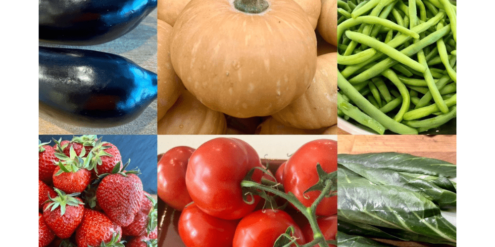 Eine Collage mit verschiedenen Obst und Gemüsesorten für den Saisonkalender Gemüse und Obst