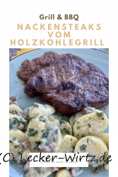 Neck steaks from the charcoal grill with potato salad
