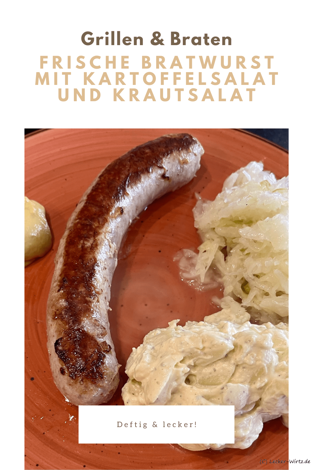 Frische Bratwurst mit Kartoffelsalat und Krautsalat