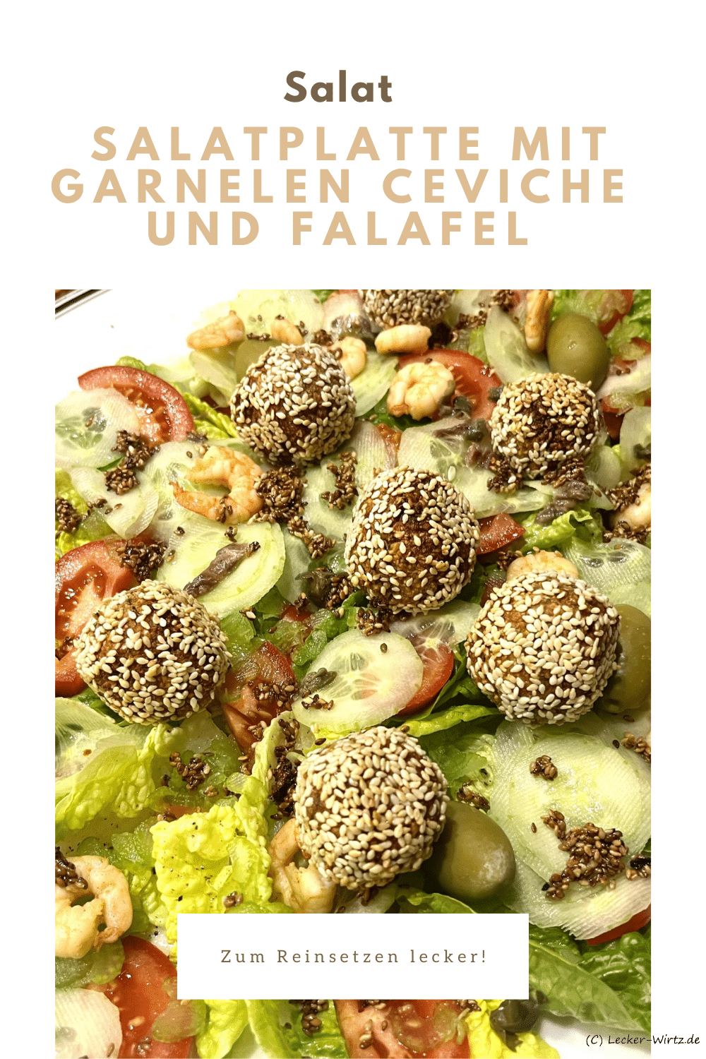 Gemischte Salatplatte mit Garnelen Ceviche und Falafel