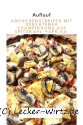 Hähnchenstreifen mit gebratenen Champignons auf Spitzkohl-Paprika Auflauf