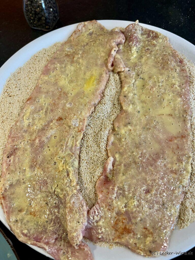 Winzerschnitzel vom Kalb panieren